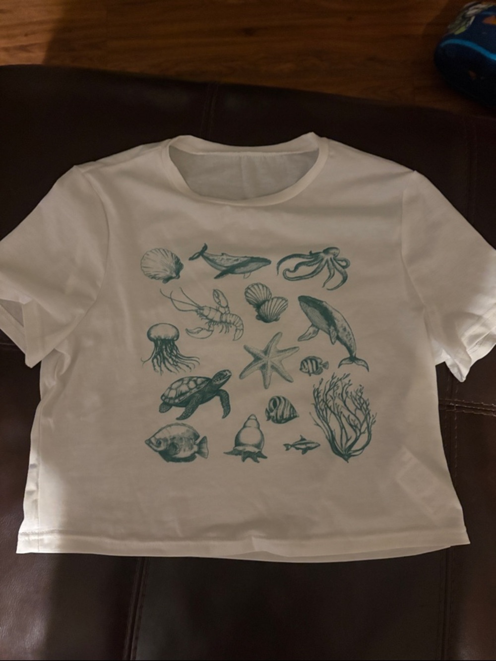 SHEIN White Crop Top with Teal Sea Life Print